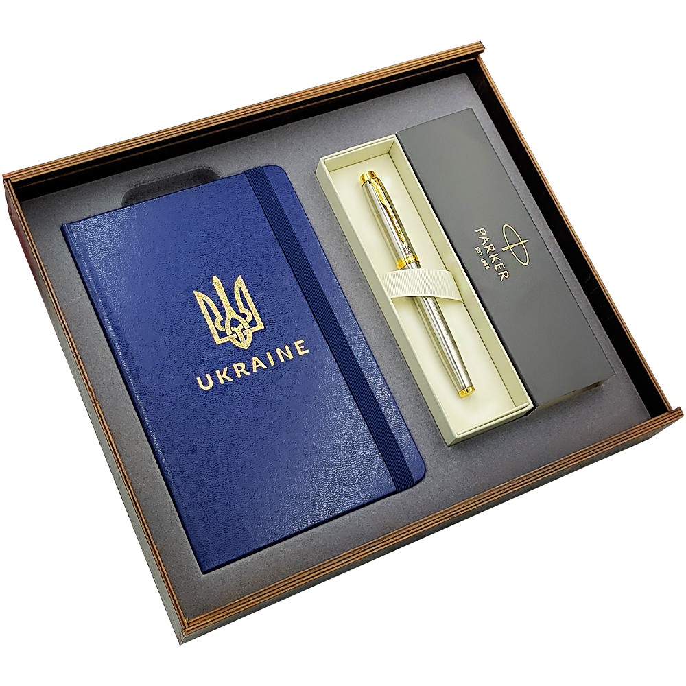 Подарочный набор: Коробка + Ручка-ролер Parker IM 17 Brushed Metal GT RB 22 222_TR4 + Блокнот Axent Partner Ukraine Cиний