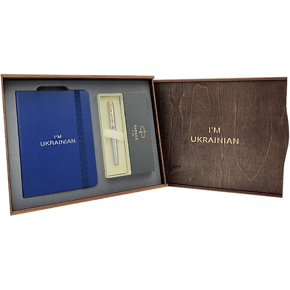 Подарочный набор: Коробка + Ручка-роллер Parker IM 17 GT RB 22 222 + Блокнот Axent Partner I'm Ukrainian синий 8201-02-A-UKR